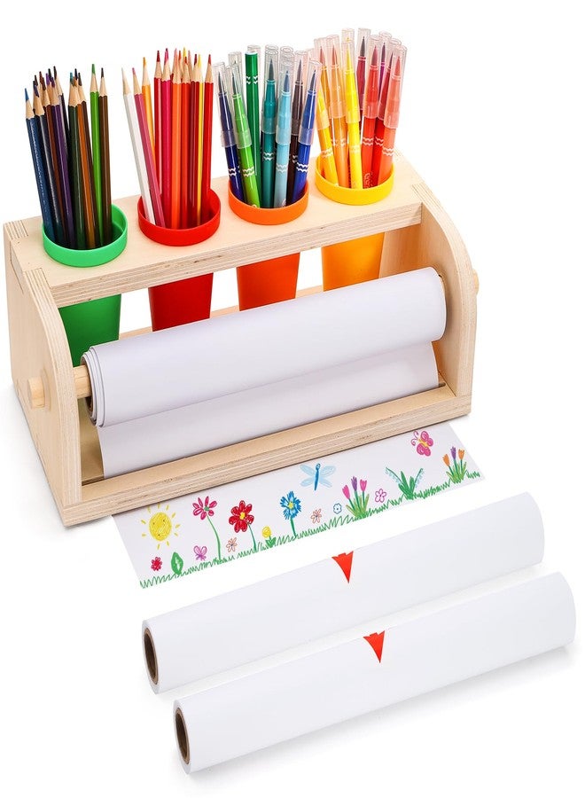 Nagpew Wood Tabletop Paper Roll Dispenser, Drawing Paper Roll Holder with Pencil Cups, 11.4'' x 32.8ft White Bond Paper, Desktop Easel for Drawing, Writing, Doodle, Craft - Image 1